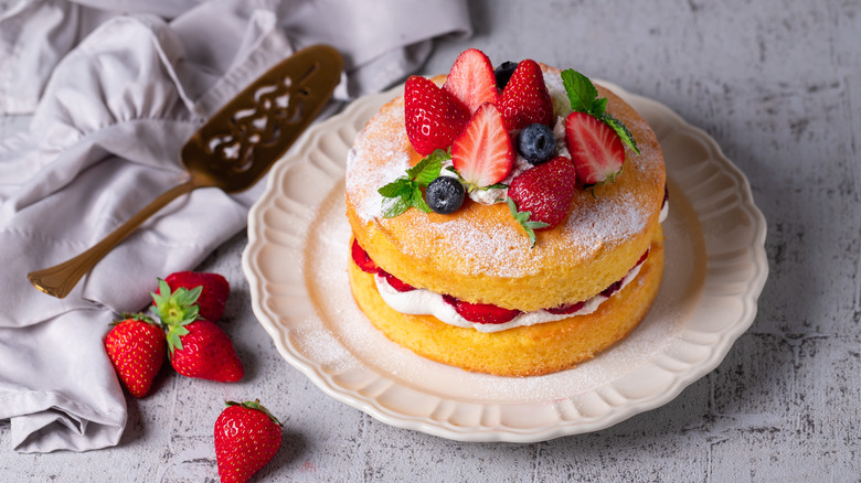 Strawberry sponge cake on plate