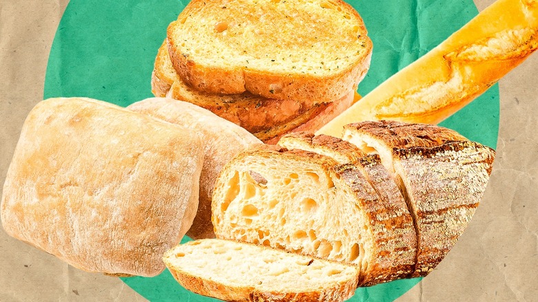 Types of bread on green background