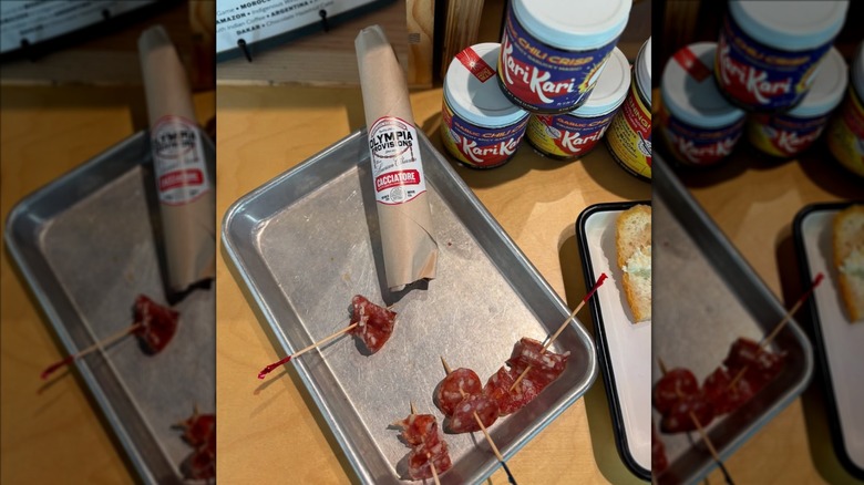 Olympia Provisions salami on metal tray