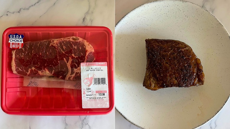 Package of New York strip steak from H Mart next to cooked steak on white plate