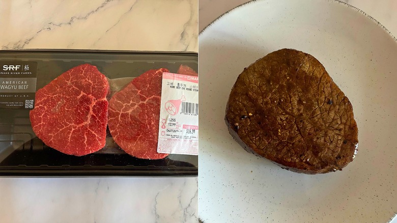 Package of wagyu beef eye round from H Mart next to cooked steak on white plate
