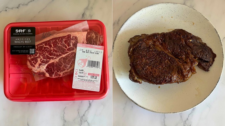 Package of wagyu ribeye from H Mart next to cooked steak on white plate