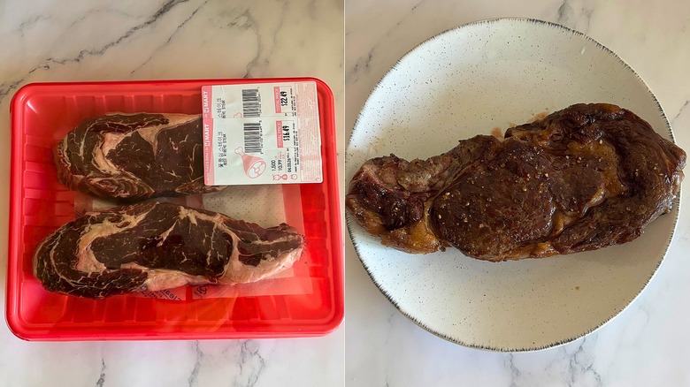 Package of beef ribeye from H Mart next to cooked steak on white plate
