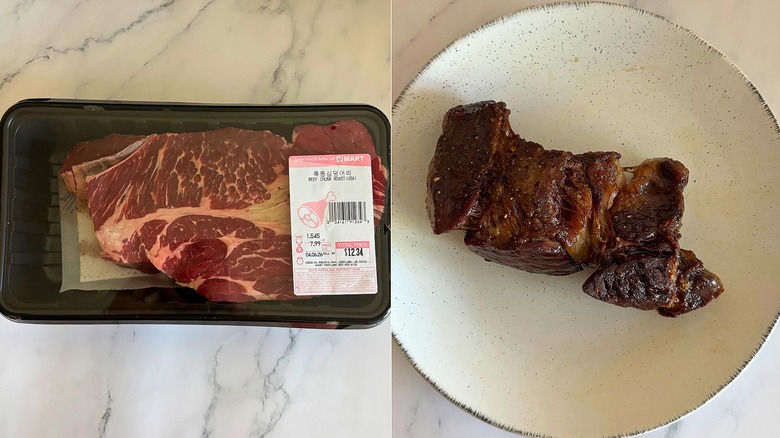 Package of chuck roast from H Mart next to cooked steak on white plate