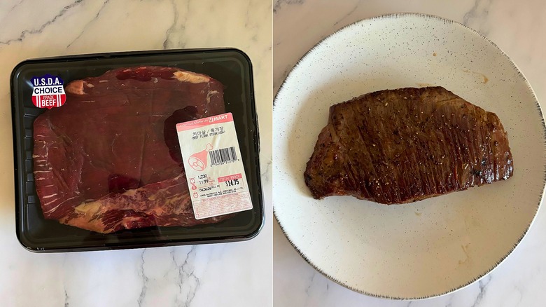 Package of flank steak from H Mart next to cooked steak on white plate