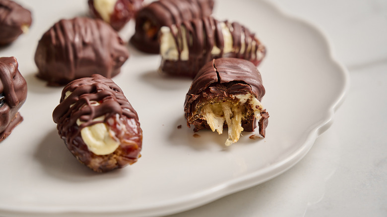 chocolate covered date cut in half