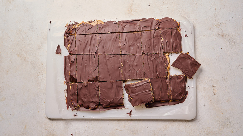 pretzel bark sliced into pieces