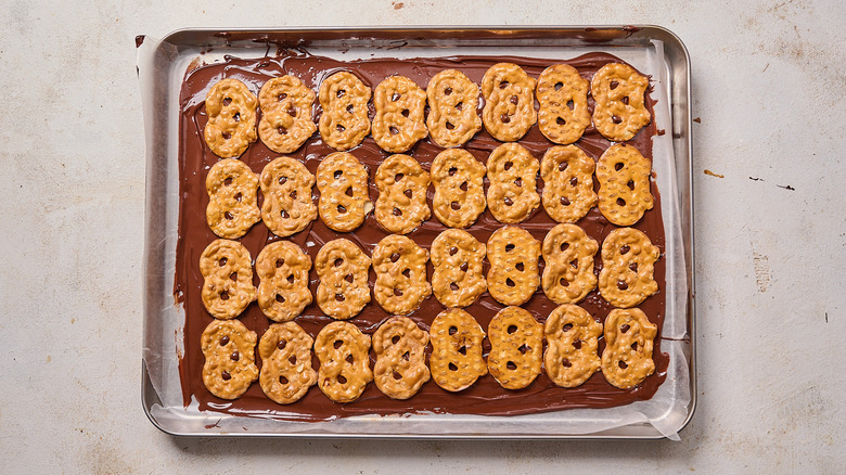 pretzel thins layered onto chocolate