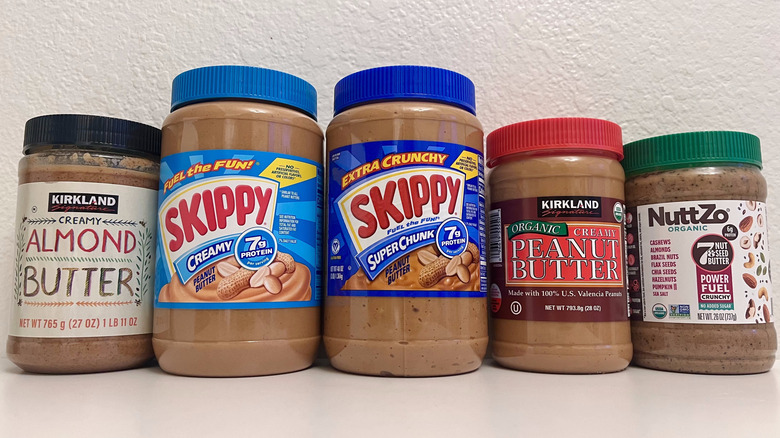 Various nut butters on a table