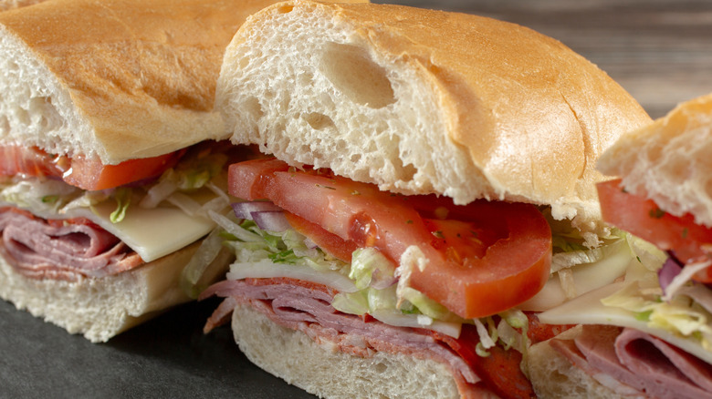Close-up of an Italian sub cut in half.