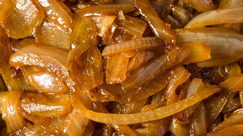 Close-up shot of caramelized onions.