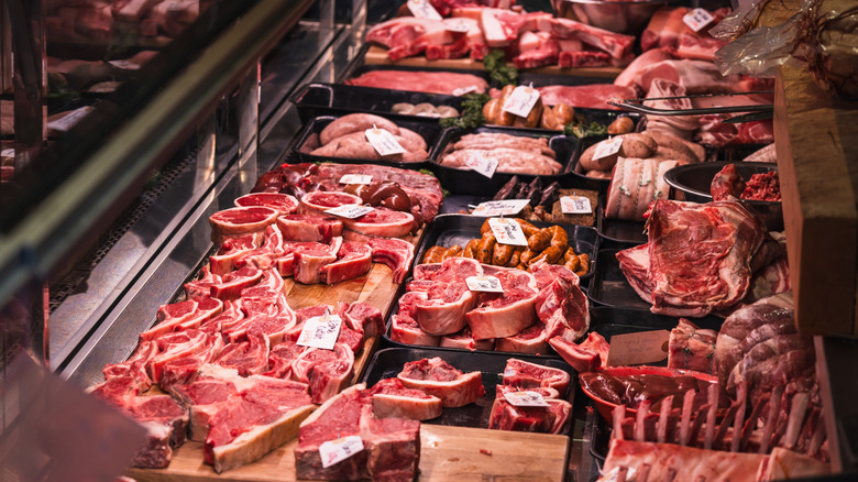 Cuts of meat in a butcher shop display