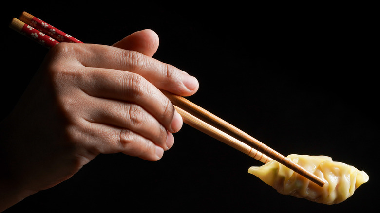 Person holding gyoza with chopsticks