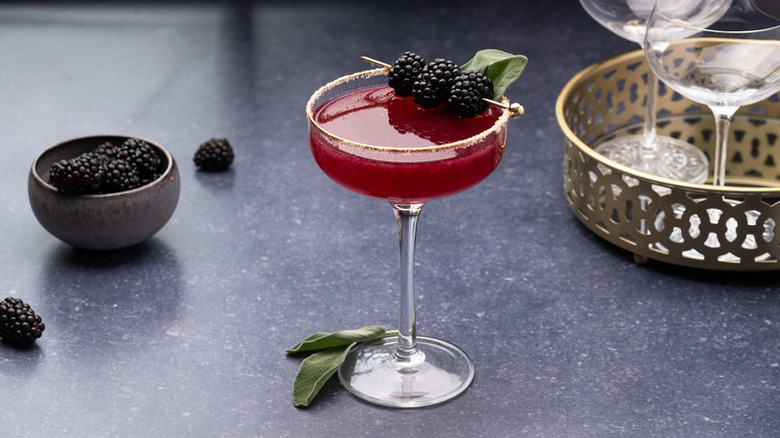 Blackberry cocktail in coupe glass, garnished with sage leaves and skewered blackberries