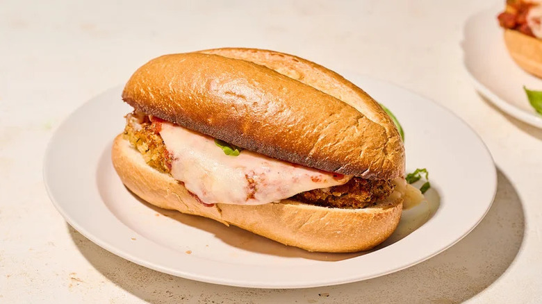 Hoagie-Style Chicken Parmesan Sandwich on white plate
