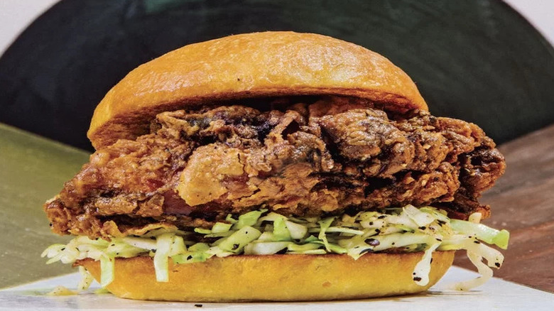 Pickle Juice-Brined Fried Chicken Sandwich on table