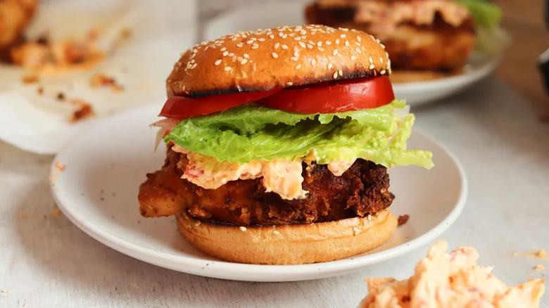 Spicy Pimento Cheese-Stuffed Chicken Sandwich on white plate