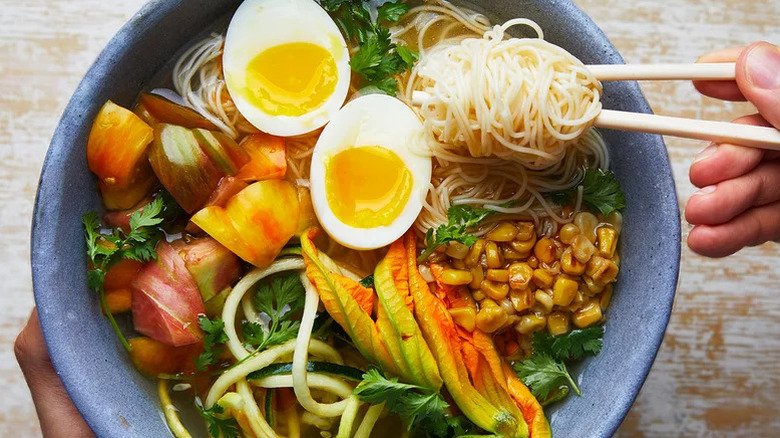 Cold Summer Ramen with boiled eggs in grey bowl