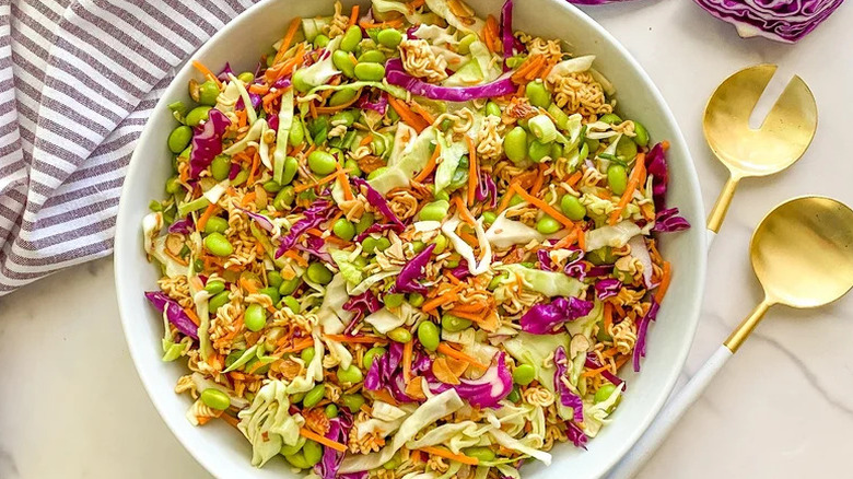 Crunchy Ramen Noodle Salad in large white bowl