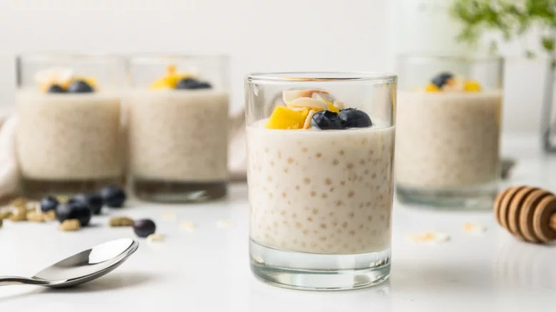 Coconut-Cardamom Tapioca Pudding in glass on countertop