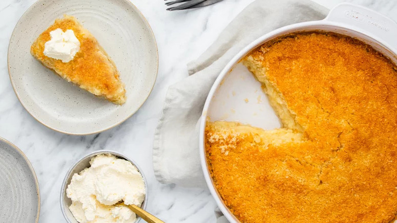Crustless Coconut Pie on white plate and in white dish