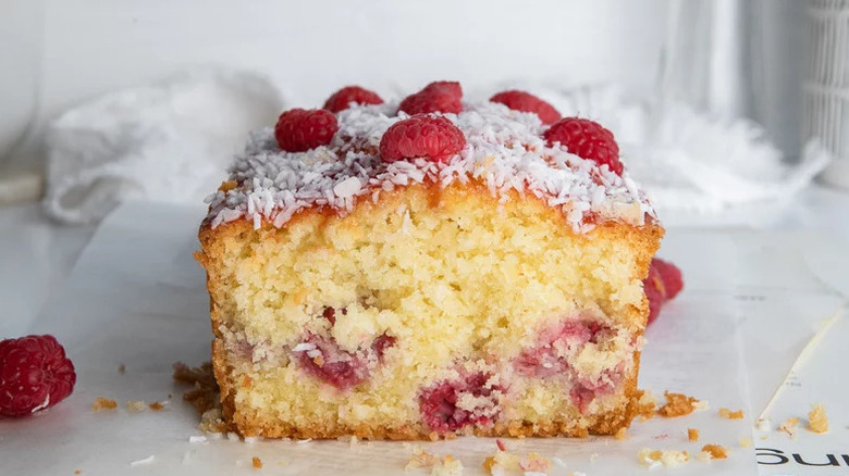 Raspberry Coconut Cake cut in half