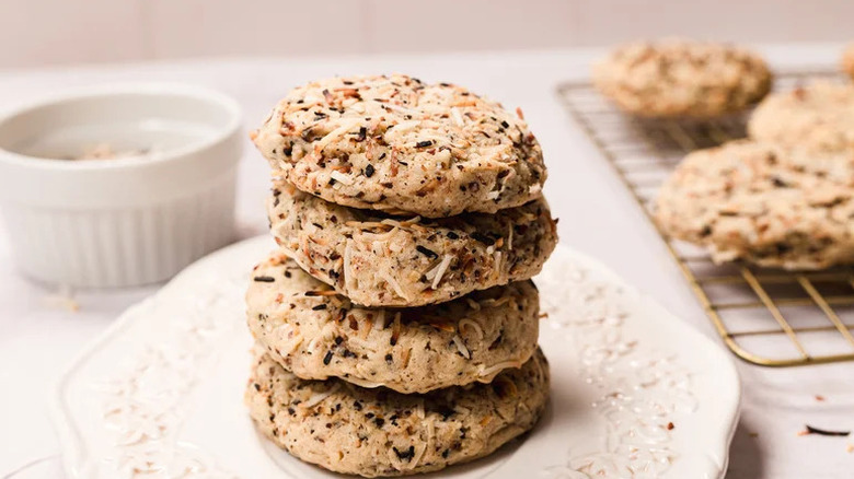 Vintage Coconut Cookies stacked on white plate