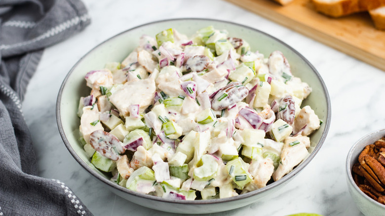 Bowl of creamy apple pecan chicken salad