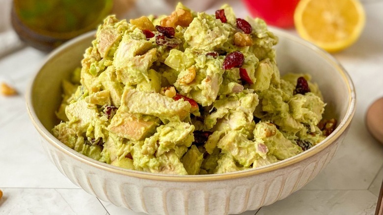 Bowl of creamy chicken avocado salad