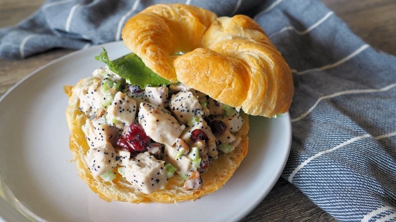 Chicken salad with poppy seeds and cranberries, served in a croissant