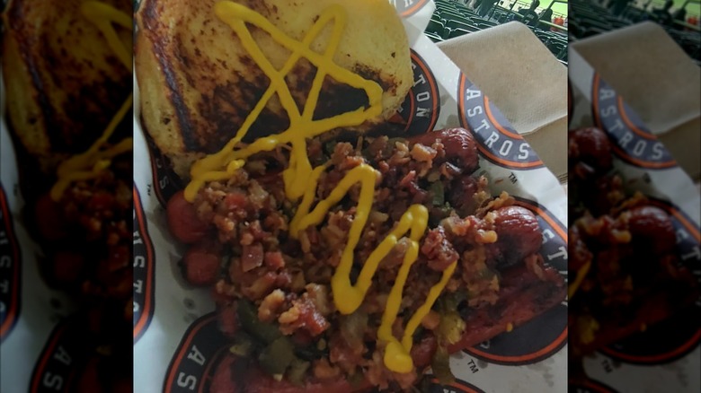 Crawford dog on Astros-branded paper with mustard