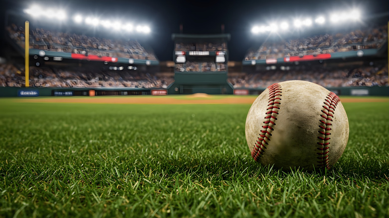Baseball sitting on the grass with stadium blurred in background