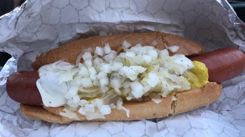 Dinger dog with onions and mustard