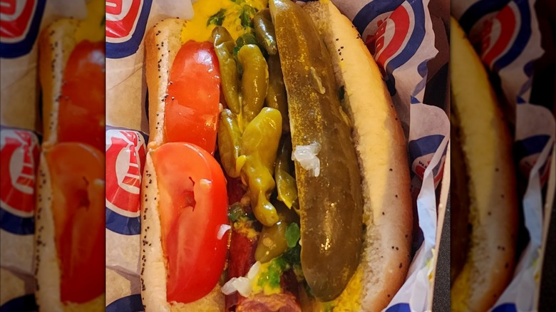 Chicago-style dog on Cubs-branded paper