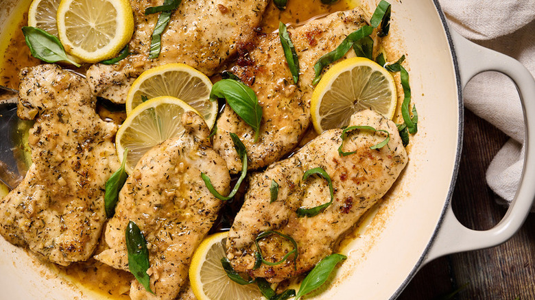Lemon-basil chicken breasts in casserole pot