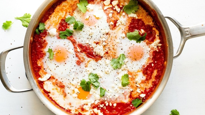 Shakshuka in skillet, garnished with fresh cilantro