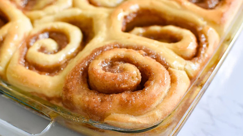 Homemade Cinnamon Rolls in glass baking dish