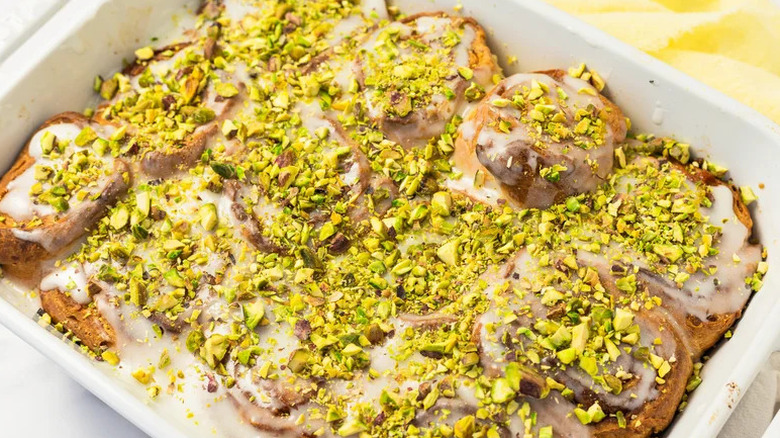 Preserved Lemon Cinnamon Rolls with chopped pistachios