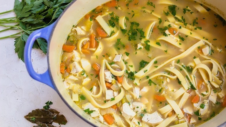 Chicken noodles soup in pot, garnished with chopped parsley