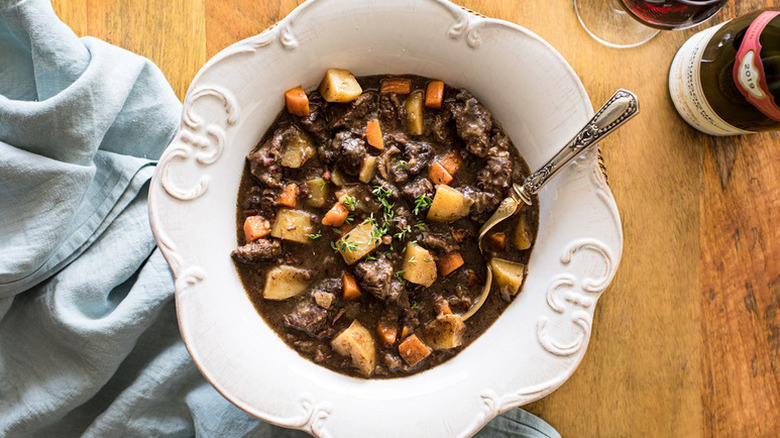 Beef stew in white bowl