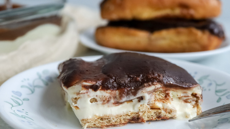 Slices of chocolate eclair cake on plates