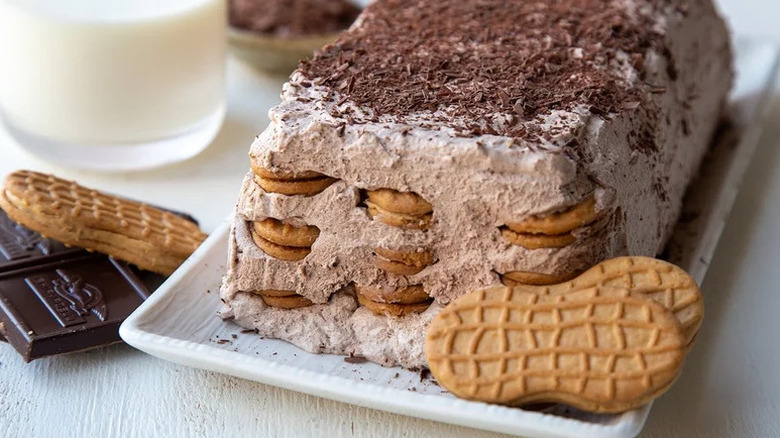 Chocolate Peanut Butter Icebox Cake on white rectangular plate