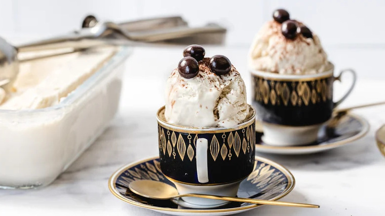 No-Churn Coffee Ice Cream in small decorative coffee cups with gold spoon