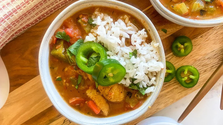 Instant Pot Gumbo with rice and jalapenos in bowl