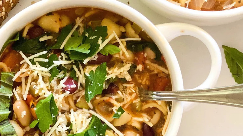 Instant Pot Minestrone Soup in white bowl with spoon