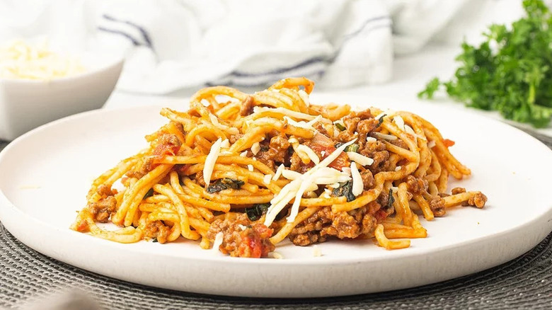 Instant Pot Spaghetti on white plate