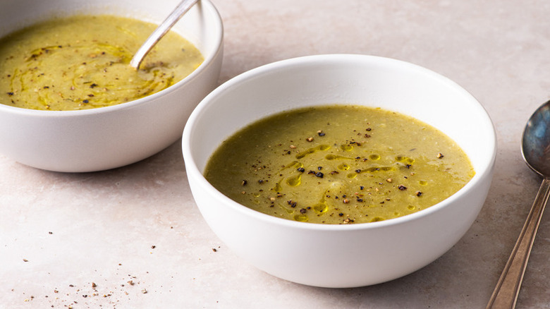 Two bowls of potato leek soup