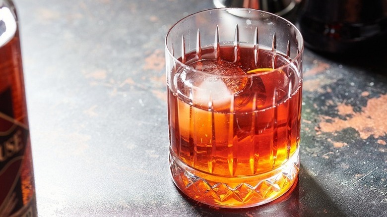 Boulevardier cocktail in rocks glass with ice