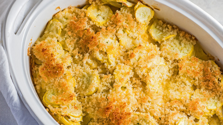 Yellow squash casserole in baking dish