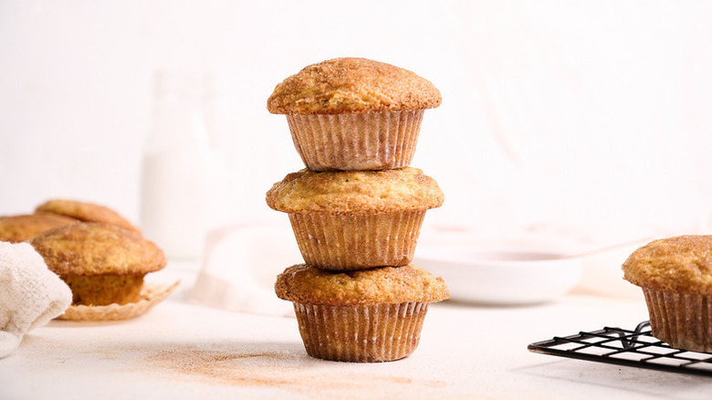 Stack of three cinnamon banana bread muffins